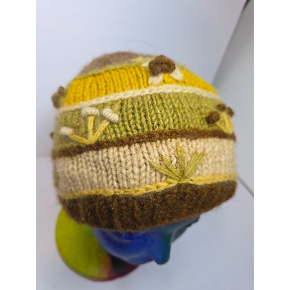 HandKnit Wool 3D Mushroom Beanie FleeceLined Earth Tone StripedHat Nepal Hippie